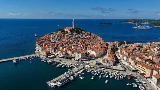 Aerial panoramic view of historic Rovinj old town and marina on the Adriatic coast of Croatia