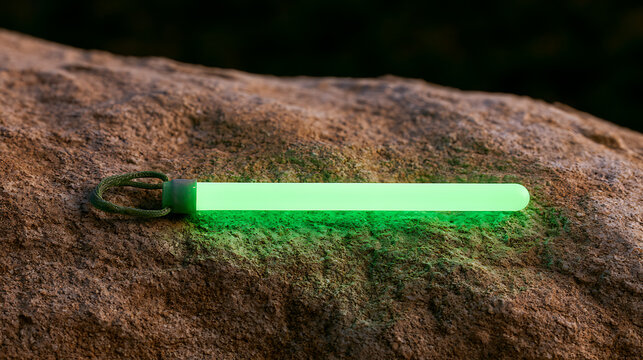 A bright neon green glow stick rests on a rugged brown rock surface during dusk, casting vibrant light and shadow in an outdoor setting