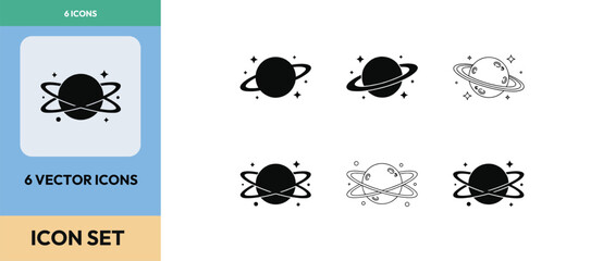 Outer space planet with rings and stars vector icons set for astronomy and galaxy exploration © MstSakila