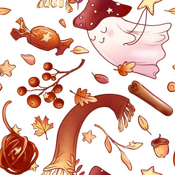 seamless autumn pattern with ghost and leaves