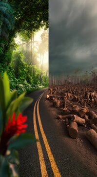 Split screen view of lush green forest versus deforested land with cut tree stumps