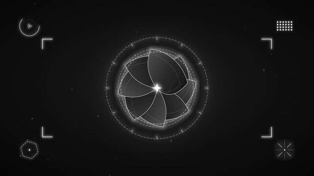 Futuristic camera aperture iris mechanism with digital HUD interface overlay