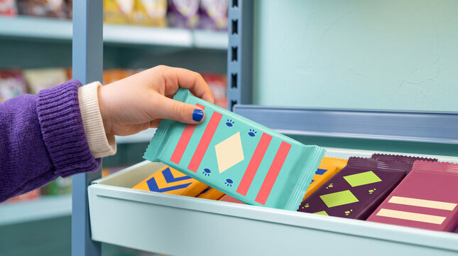 Hand holding colorful wrapped Halloween candy in a store shelf  