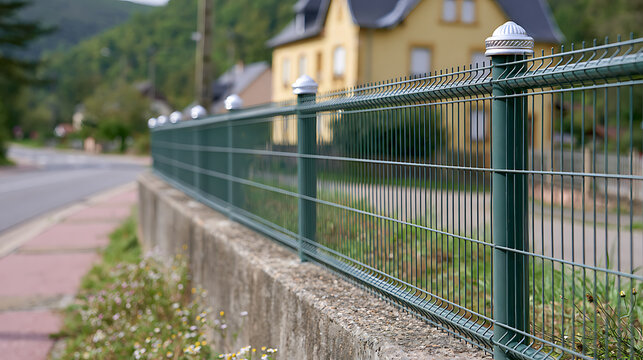 Modern green wire mesh fence installed on concrete wall along a suburban street with residential house in background, outdoor property boundary