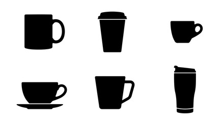 Obraz premium Coffee Cup Icons Set, Black Silhouette Drinkware Collection, Cafe Beverage Mugs and To-Go Cups