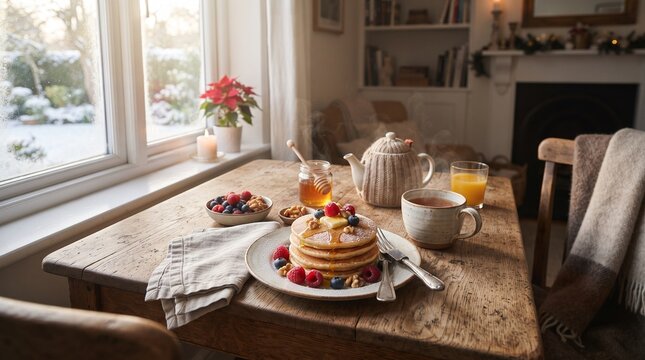 Cozy winter breakfast with pancakes and berries on rustic wooden table, festive morning meal in warm sunlit cottage interior