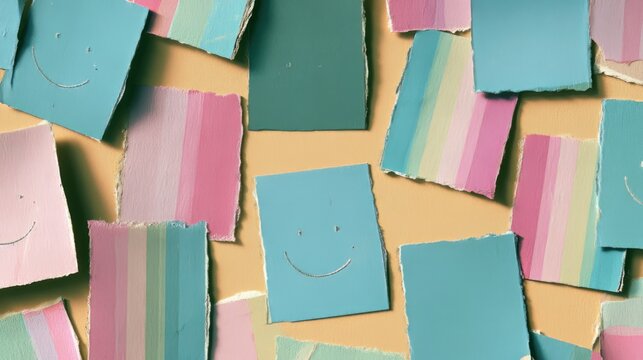 Torn notes with smiley drawings on bright orange surface