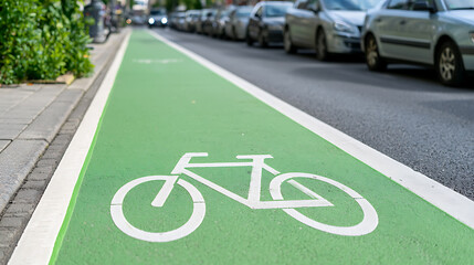 Obraz premium Bright green bicycle lane with white painted symbol on asphalt street in urban city center, eco friendly transportation and modern infra
