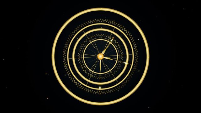 Golden mechanical compass animation: rotating gears and precision clockwork motion on black background