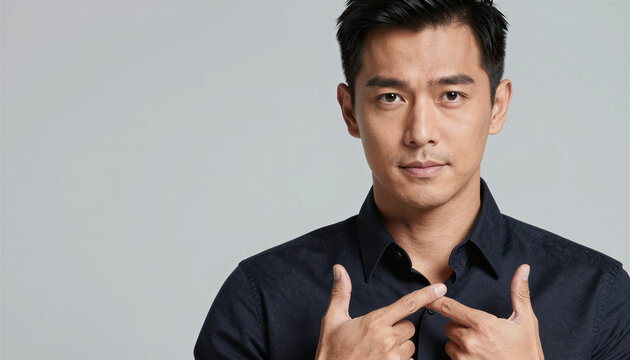 A young man with a serious expression poses on a gray background