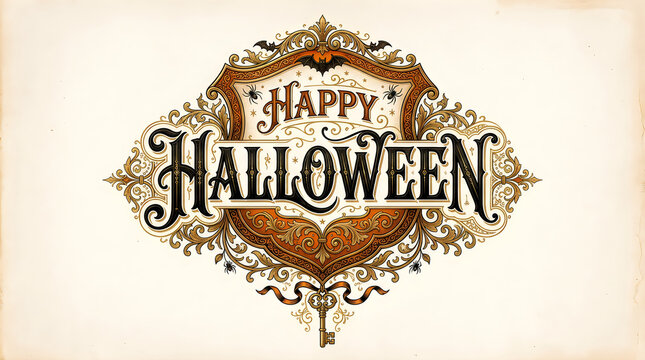 Vintage happy halloween typographic design featuring an ornate frame and a spooky bat silhouette illustration