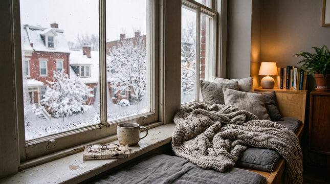 cozy winter window seat with steaming mug and snowy street view outside