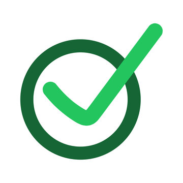 Green checkmark icon inside a circular border, universal flat symbol for approved task, validation,