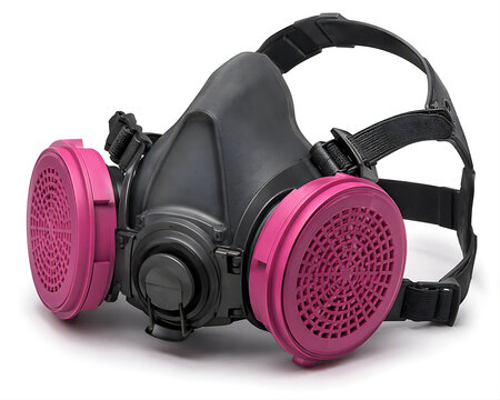 Industrial respirator dual pink filters gray facepiece chemical protection occupational safety equipment PPE