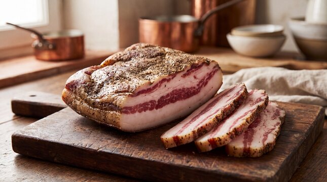 Cured Guanciale Slices on Rustic Wooden Board for Italian Culinary and E-commerce Food Design