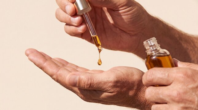 Man's Hands Holding Hair Growth Serum Pipette for Men's Grooming and Scalp Care Product Showcase