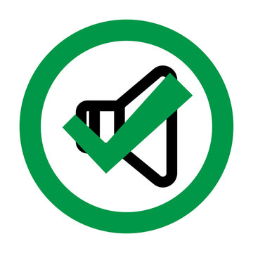 Speaker sound on icon with a green checkmark inside a circle, concept of audio enabled and allowed