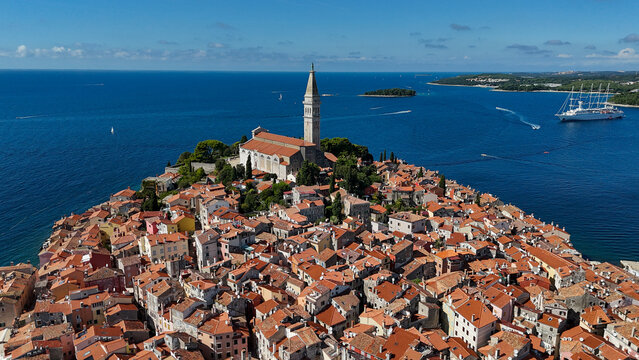 Aerial view of Rovinj old town surrounded by the Adriatic Sea in Istria, Croatia