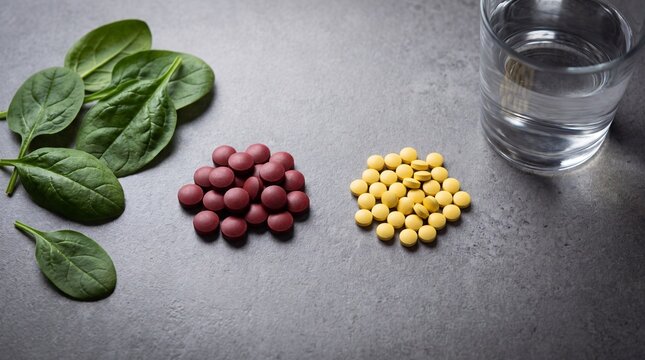 Prenatal Iron and Folic Acid Supplement Pills with Spinach on Countertop for Pregnancy Wellness E-commerce