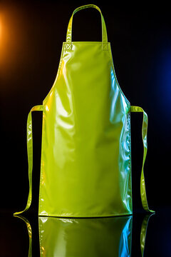 Lime green glossy PVC chemical resistant protective apron on dark studio surface with orange and blue lighting, industrial workwear for laboratory chemical splash and hazardous material handling