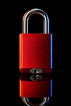 Vivid red anodized aluminum padlock with polished steel shackle and key cylinder on black reflective surface, industrial lockout tagout safety lock for energy isolation and OSHA compliance