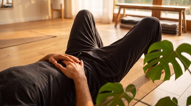 Middle Eastern Man Practicing Pelvic Floor Relaxation Yoga Pose for Men's Wellness Banner