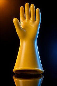 Single yellow latex rubber electrical insulating glove standing upright on dark reflective surface with dramatic orange and blue studio lighting, high voltage hand protection PPE for electrical safety
