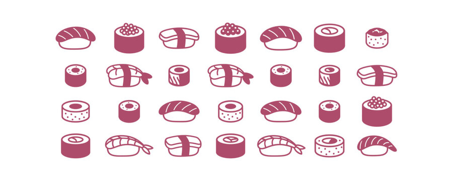 A collection of flat sushi and maki roll icons arranged in a grid on a light background