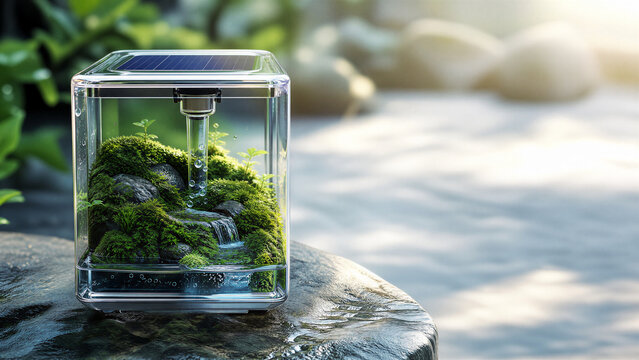 Futuristic solar-powered mini terrarium cube, self-sustaining green moss ecosystem, modern biome technology on stone