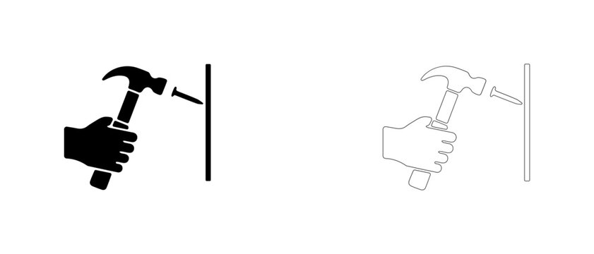 Hand hammering nail into wall vector icon filled and outline, carpentry hammering and wall fastening symbol.