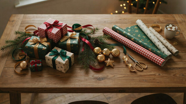 Cozy holiday gift wrapping setup featuring wrapped presents ribbons greenery and festive decorations on wooden table