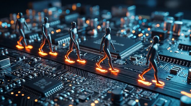 Conceptual image of tiny human figures walking on a high-tech circuit board with glowing orange light effects.