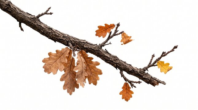 oak branch leaves tree autumn fall brown isolated white background nature foliage wood timber bark stem twig season seasonal dry dead orange yellow golden on transparent background