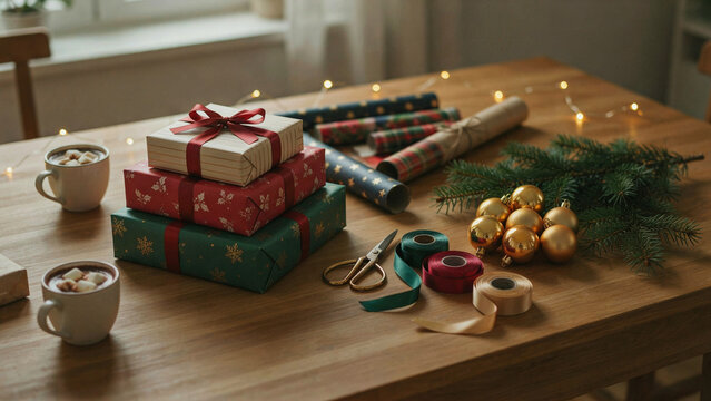 Cozy holiday scene featuring wrapped gifts and festive decorations on wooden table with warm drinks