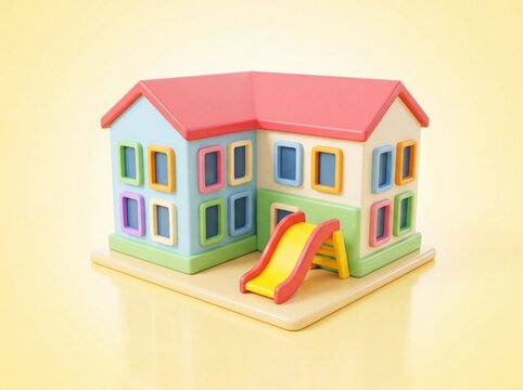3D Rendered Colorful Preschool Building Miniature with Playground Slide for Early Education and Childcare Center Concepts
