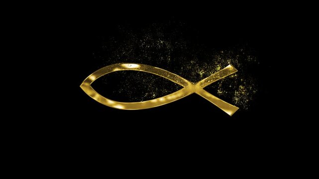 Religious Christian fish sign with golden particles, religion and faith, transparent background