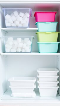 Organized freezer compartment showcasing colorful plastic storage containers and ice cubes for kitchen freshness