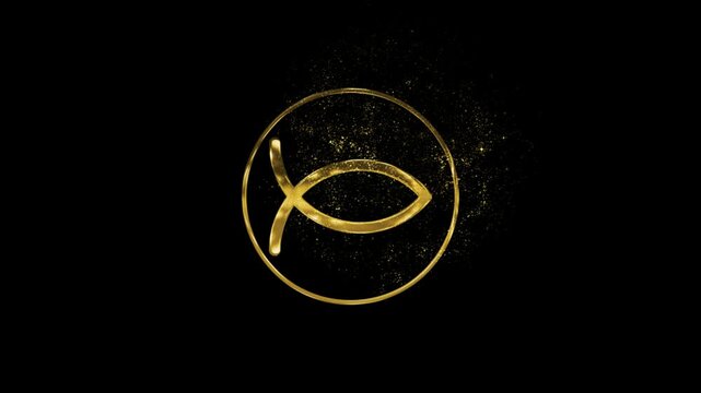 Religious Christian fish sign with golden particles, transparent background
