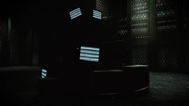 3Dアニメーション　明滅する廃棄されたブラウン管テレビの山　360度回転ループ