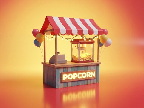 Cheerful 3D Illustration of a Festive Popcorn Stall with Warm Lighting and Decorative Balloons for Carnival and Fairground Events