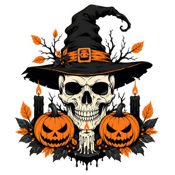 Halloween Skull with Witch Hat, Pumpkins, Candles and Autumn Leaves Spooky Vintage Illustration