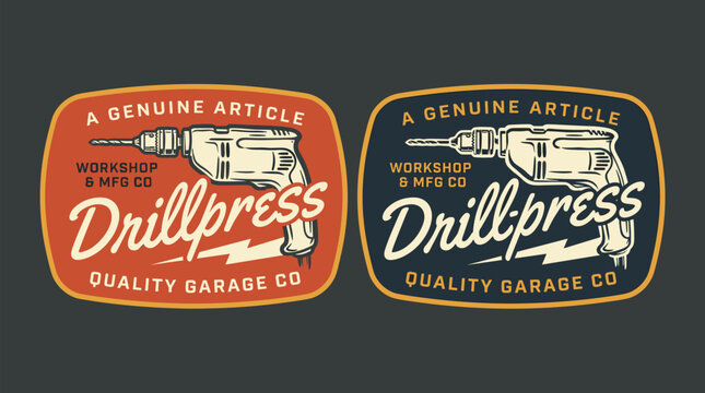 Vintage drill press workshop badge design. Retro garage tool graphic for t-shirt. Industrial manufacturing service logo set. Hand drawn power tool illustration vector.