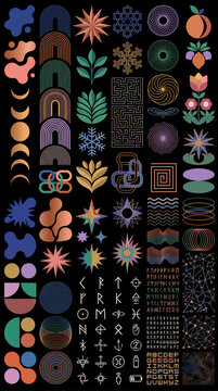 Abstract vector shape and rune symbol set on black