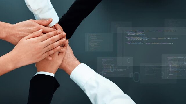 Collaborative Hands on Programming Concept with Coding Background Illustrating Teamwork and Software Development in Modern Workspace. Raster.