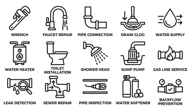 Set of plumbing and pipe repair service icons for home maintenance and professional plumbing work Minimal Outline Liner icon set bundle collection. Editable stroke Vector Illustration Mega pack