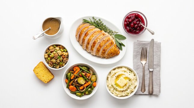 thanksgiving dinner roasted turkey turkey breast mashed potatoes gravy boat cranberry sauce stuffing bowl dressing roasted vegetables brussels sprouts on transparent background