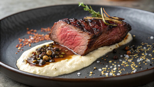 Photorealistic close-up of coffee rubbed hanger steak with silky parsnip puree, glossy black garlic jus and crisp accents