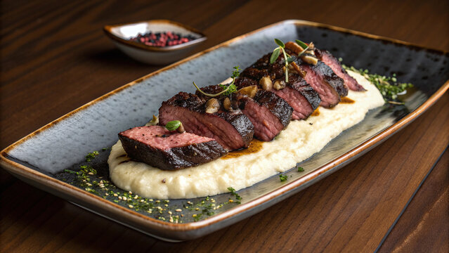 Photorealistic coffee rubbed hanger steak with creamy parsnip puree, black garlic jus and charred onions on a modern steakhouse table