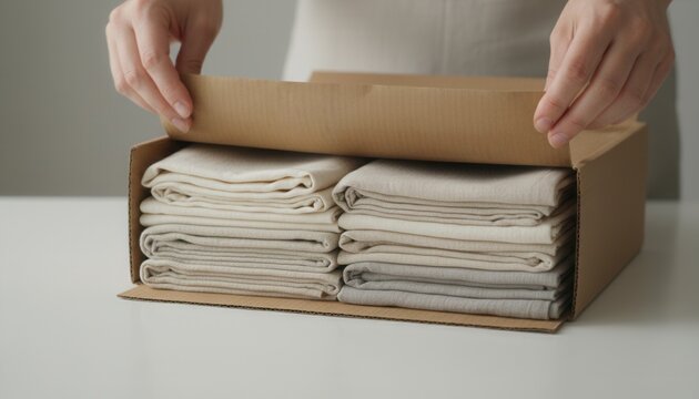 Close-up of hands opening a delivered brown cardboard box containing neatly folded neutral-colored textile items