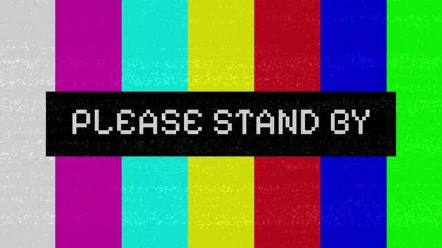 Vibrant retro television test pattern displaying classic vertical color bars with grainy static noise.